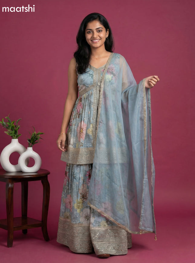 Pastel Blue Tissue Floral Printed Embroidery Work & With Sleeve Attached Short Suit