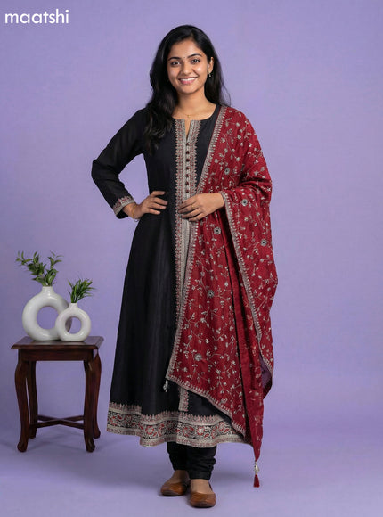 Black and Maroon Semi Tussar Sequin Work Neck Pattern Anarkali Suit