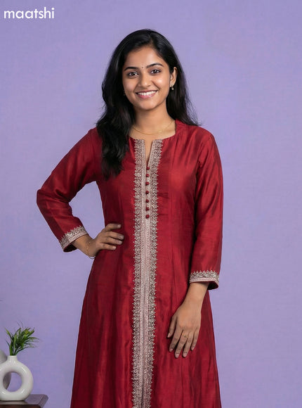 Maroon and Balck Semi Tussar Sequin Work Neck Pattern Anarkali Suit