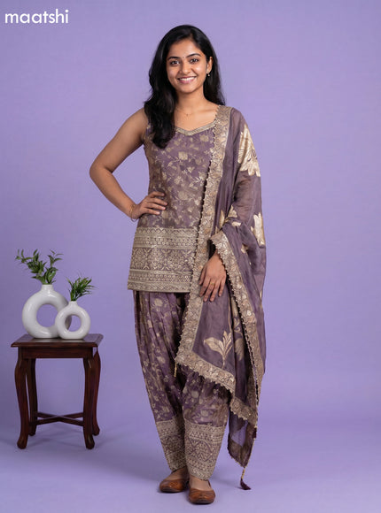 Pastel Purple Tissue Party Wear With Allover Zari Weaves Suit