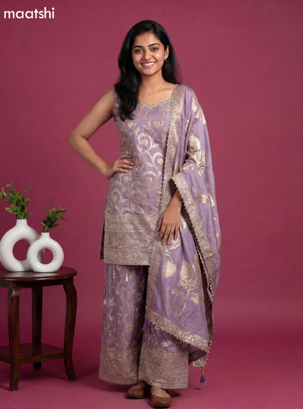 Pastel Lavender Tissue Party Wear With Allover Zari Weaves Suit