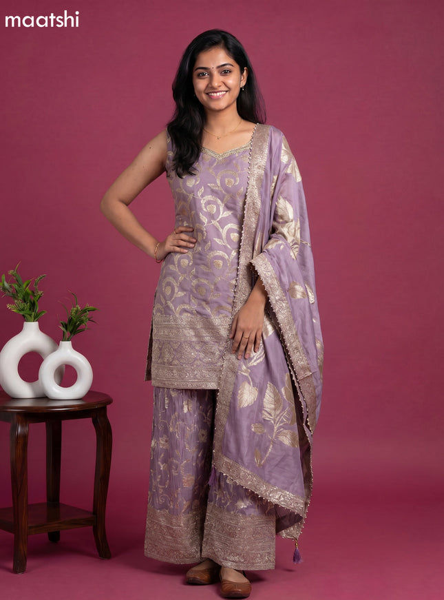 Pastel Lavender Tissue Party Wear With Allover Zari Weaves Suit