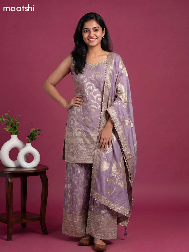 Pastel Lavender Tissue Party Wear With Allover Zari Weaves Suit