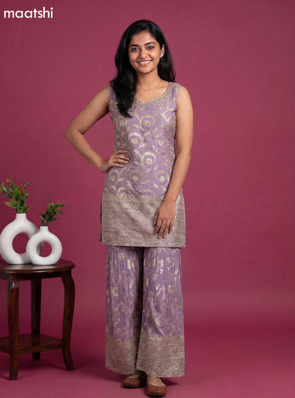 Pastel Lavender Tissue Party Wear With Allover Zari Weaves Suit