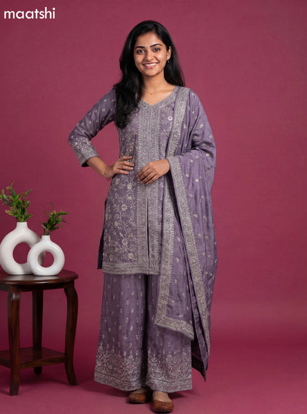 Pastel Purple Semi Tussar Party Wear Embroidery Work Suit