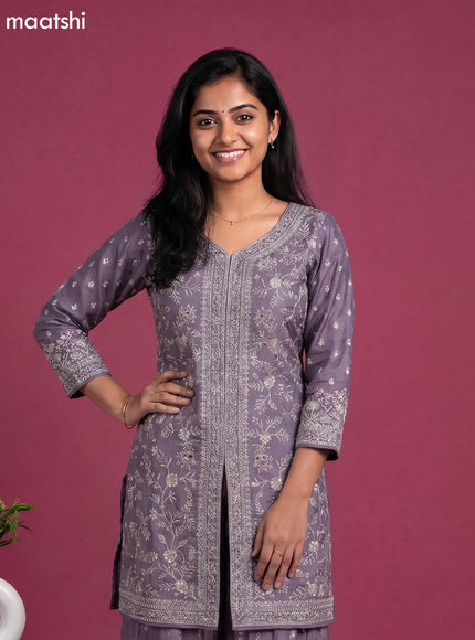 Pastel Purple Semi Tussar Party Wear Embroidery Work Suit