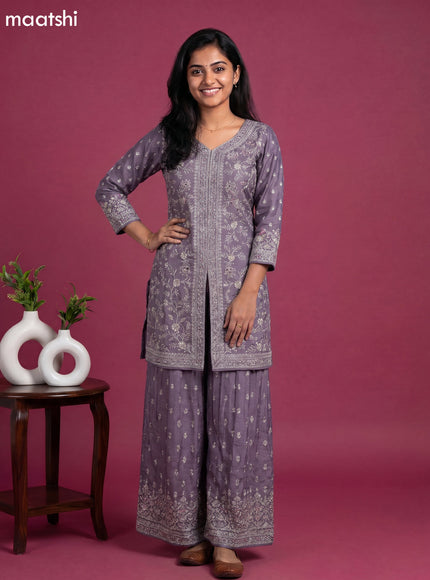 Pastel Purple Semi Tussar Party Wear Embroidery Work Suit