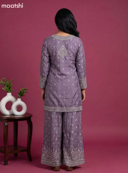 Pastel Purple Semi Tussar Party Wear Embroidery Work Suit