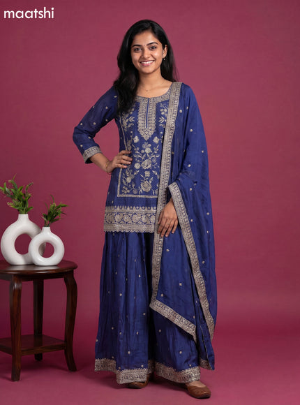 Blue Semi Tussar Party Wear Embroidery Work Suit