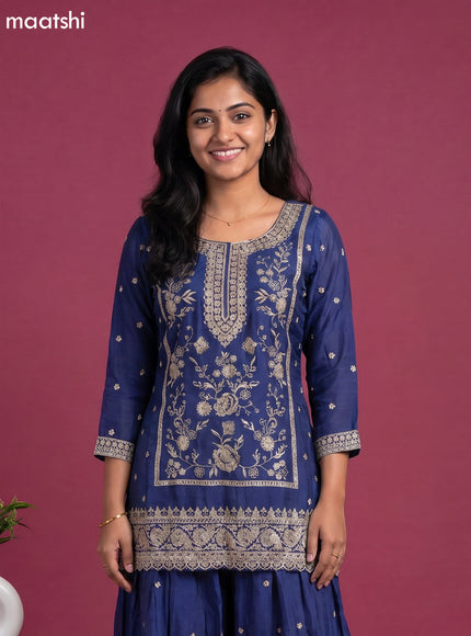 Blue Semi Tussar Party Wear Embroidery Work Suit