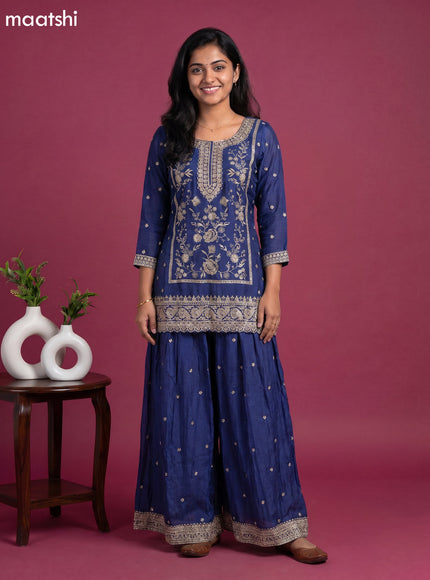 Blue Semi Tussar Party Wear Embroidery Work Suit