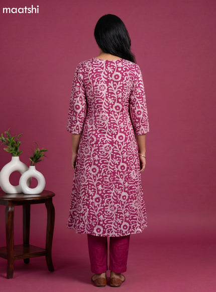 Magenta Pink and Off White Chanderi Batik Printed & Embroidery Work Straight Suit