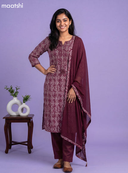 Wine and Beige Chanderi Batik Printed & Embroidery Work Straight Suit