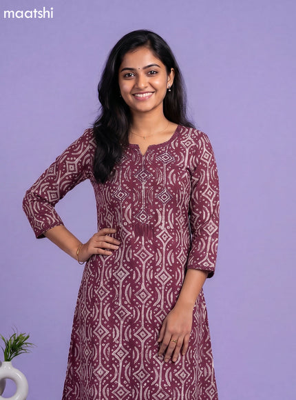 Wine and Beige Chanderi Batik Printed & Embroidery Work Straight Suit