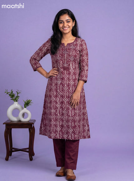 Wine and Beige Chanderi Batik Printed & Embroidery Work Straight Suit