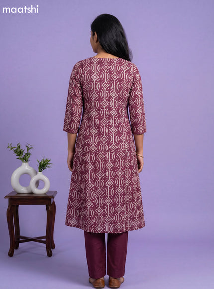 Wine and Beige Chanderi Batik Printed & Embroidery Work Straight Suit