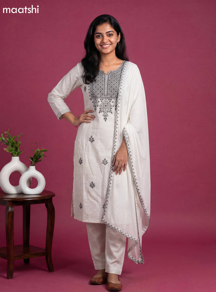 Beige Linen Cotton Embroidery Work Straight Suit