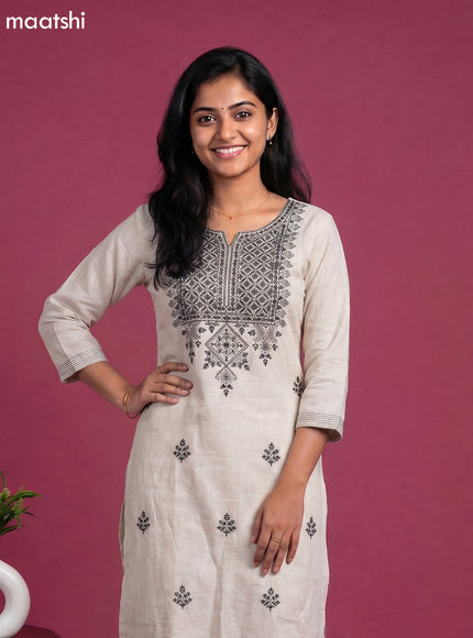 Beige Linen Cotton Embroidery Work Straight Suit