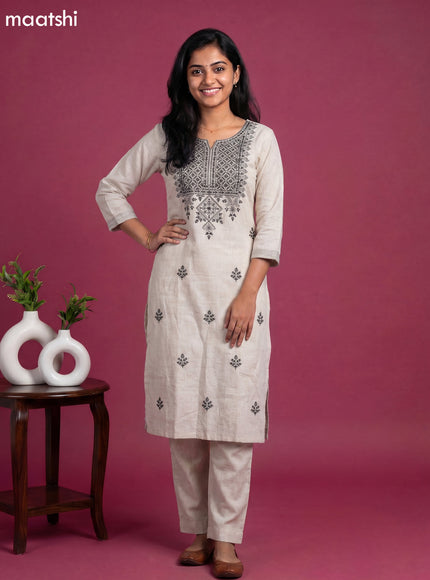 Beige Linen Cotton Embroidery Work Straight Suit