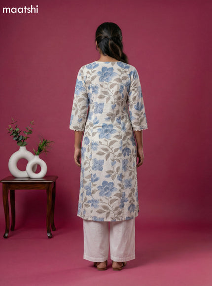 Off White and Blue Grey Linen Cotton Floral Printed Kurti Set