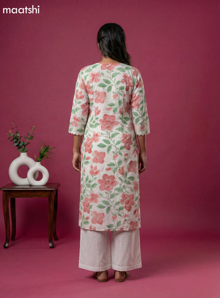Off White and Peach Green Linen Cotton Floral Printed Kurti Set