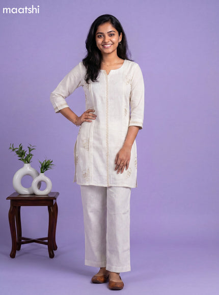 Off White Linen Cotton Embroidery Work Kurti Set