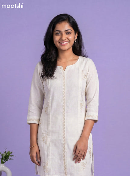 Off White Linen Cotton Embroidery Work Kurti Set