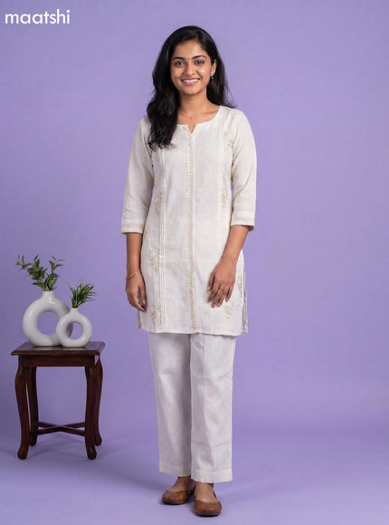 Off White Linen Cotton Embroidery Work Kurti Set
