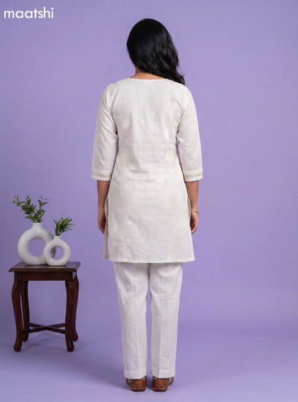 Off White Linen Cotton Embroidery Work Kurti Set