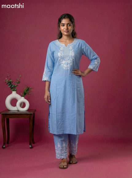 Light Blue Viscose Rayon Embroidery Work Kurti Set