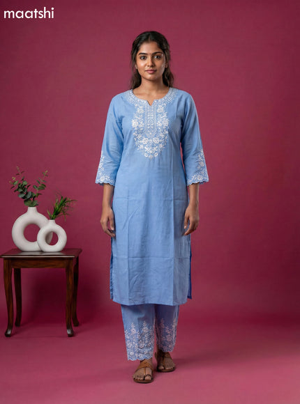 Light Blue Viscose Rayon Embroidery Work Kurti Set