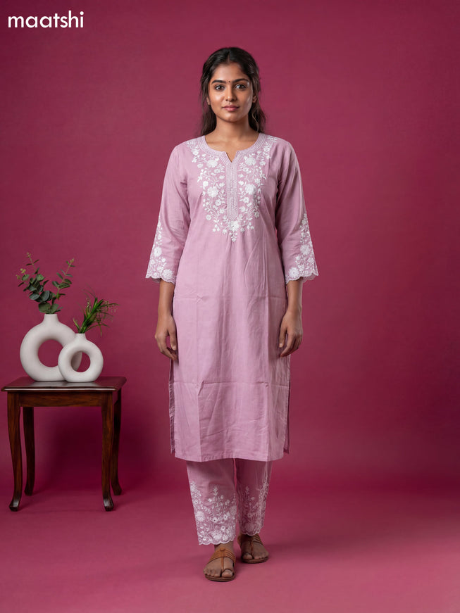 Baby Pink Viscose Rayon Embroidery Work Kurti Set