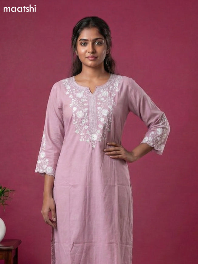 Baby Pink Viscose Rayon Embroidery Work Kurti Set