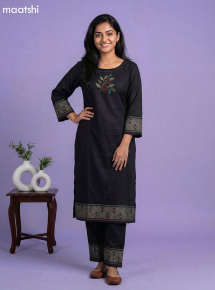 Black Cotton Simple Embroidery Work Kurti Set