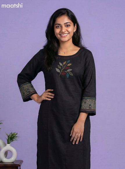 Black Cotton Simple Embroidery Work Kurti Set