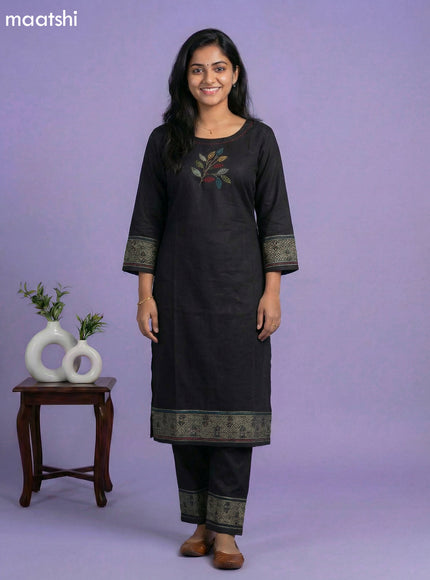 Black Cotton Simple Embroidery Work Kurti Set