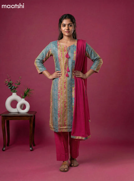 Beige and Blue Pink Cotton Printed Straight Suit