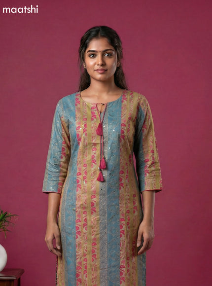 Beige and Blue Pink Cotton Printed Straight Suit