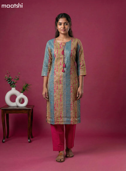 Beige and Blue Pink Cotton Printed Straight Suit