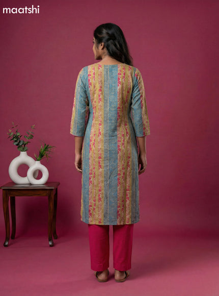 Beige and Blue Pink Cotton Printed Straight Suit
