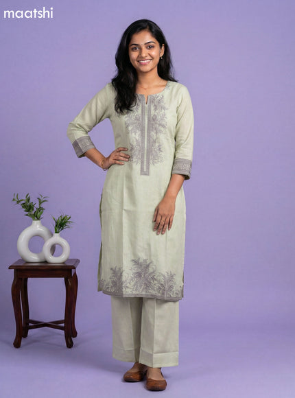 Pale Yellow Cotton Floral Printed Kurti Set