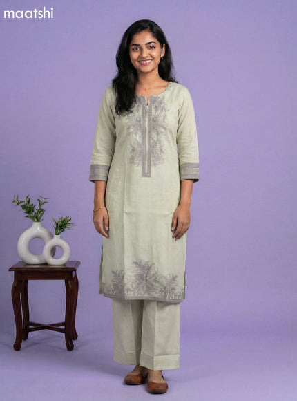 Pale Yellow Cotton Floral Printed Kurti Set