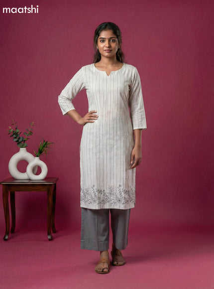 Off White and Grey Cotton Kantha Stitch Work Kurti Set