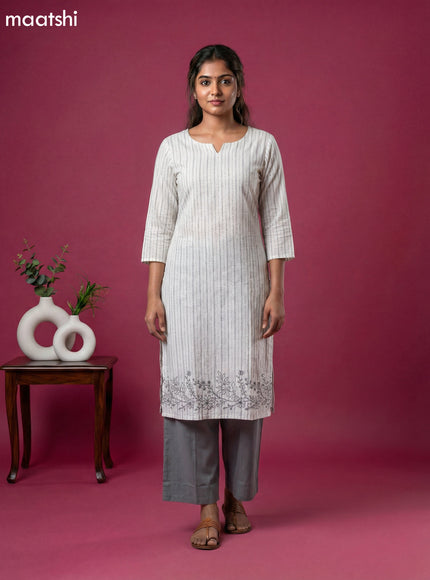 Off White and Grey Cotton Kantha Stitch Work Kurti Set
