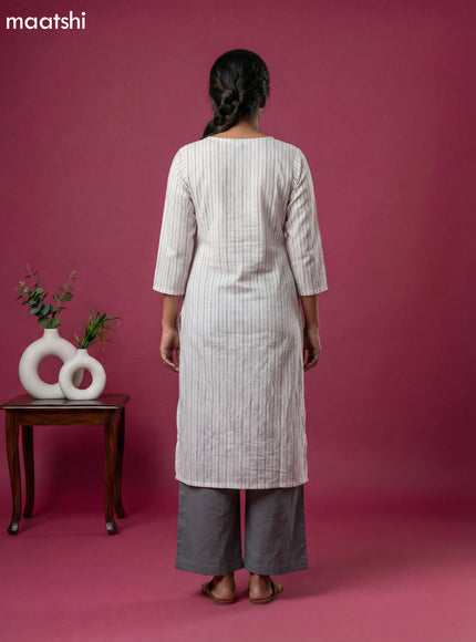 Off White and Grey Cotton Kantha Stitch Work Kurti Set