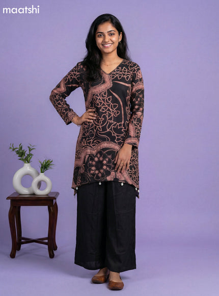 Beige and Black Cotton Printed & Embroidery Work Straight Suit