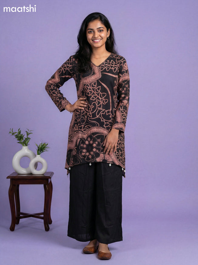 Beige and Black Cotton Printed & Embroidery Work Straight Suit