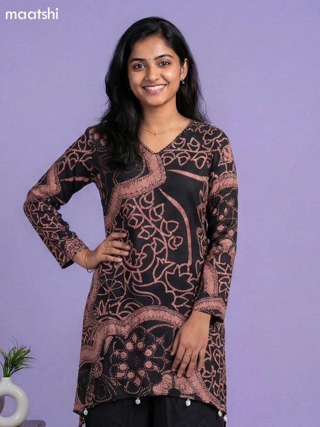 Beige and Black Cotton Printed & Embroidery Work Straight Suit