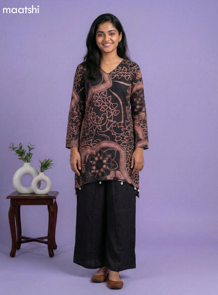 Beige and Black Cotton Printed & Embroidery Work Straight Suit
