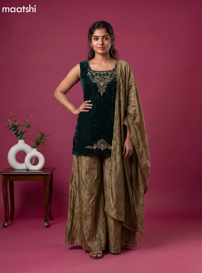 Bottle Green Velvet Embroidery Work Straight Suit